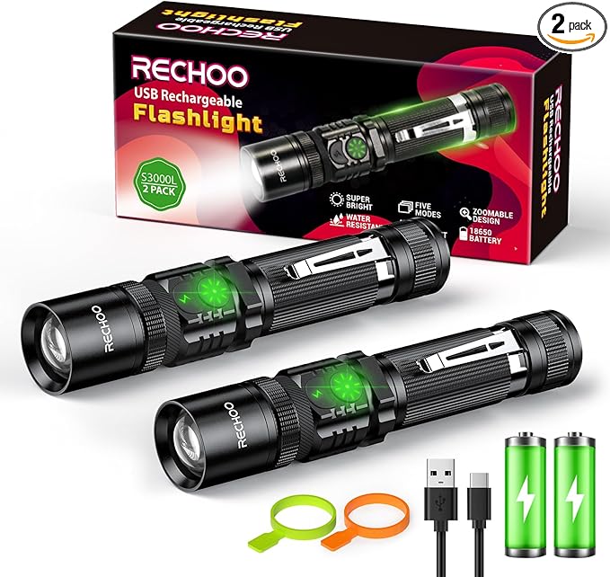 RECHOO Flashlights USB Rechargeable 2 Pack Double Switch S3000L LED Tactical by RECHOO