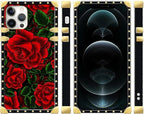Compatible with iPhone 12 12 Pro Case, Vector Red Rose Green Leaf Luxury Golden - Image 2