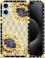 Compatible with iPhone 16 Case, Sunflower Diamonds Leather Luxury Golden by Unknown