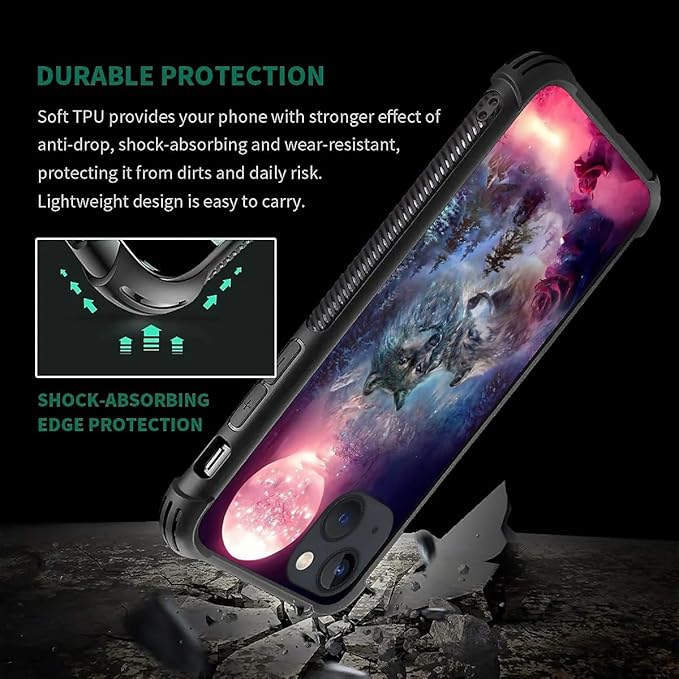 for iPhone 14 Case, Star Two Wolfs Howling Pattern Graphic Design Girl Boy Soft - Image 7