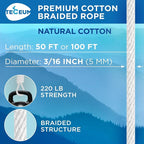 TECEUM Cotton Rope 3/16” – 50 FT – Strong All-Purpose Braided Rope – Natural - Image 2