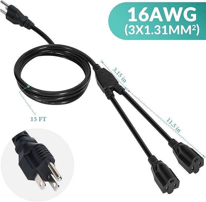 2 Way Power Cord Splitter Cable 15 Ft-3 Prong 1 to 2 Extension Cord-Outlet - Image 7