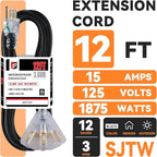 EP 12 Ft 12 Gauge Heavy Duty Extension Cord, 15A 125V 1875W, 3 Outlet - Image 2