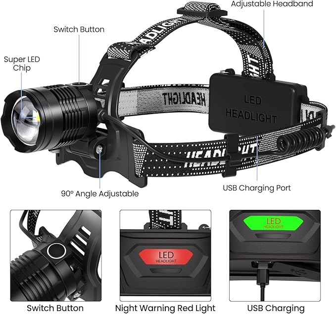 azamine LED Headlamp Rechargeable, 99000 Lumens Bright Head Lamp Βattery Include - Image 9