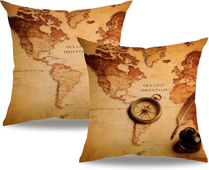 7COLORROOM Set of 2 Vintage World Map Pillow Covers Navigation Compass Square by 7COLORROOM