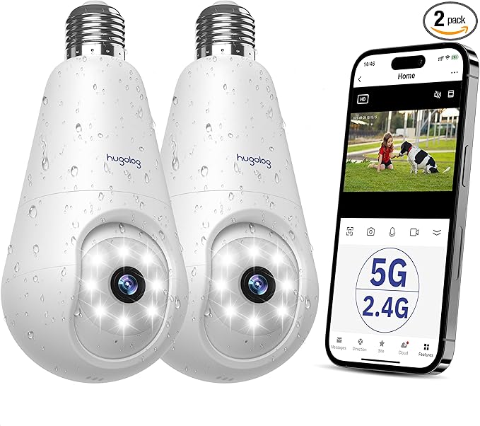 Hugolog 2K 3MP Light Bulb Security Camera 5G& 2.4GHz WiFi, 360° Wireless by Hugolog