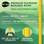 TECEUM Rope – 90 Feet x 1/4 Inch – Yellow – Strong All-Purpose Utility Rope – - Image 2