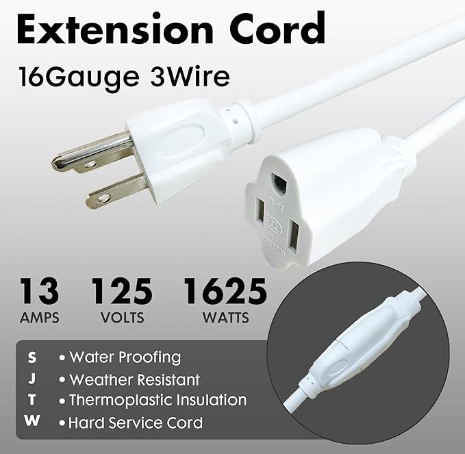 8ft White Outdoor Extension Cord Waterproof, UL Listed, 16/3 SJTW Heavy Duty 3 - Image 2