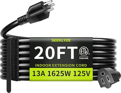 16/3 Black 20 FT Extension Cord, Indoor Extension Cord by Seeklyze