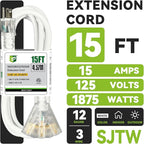 EP 15FT 12 Gauge Heavy Duty Extension Cord, 15A 125V 1875W, 3 Outlet - Image 2