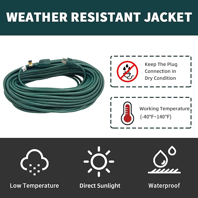 75FT Outdoor Extension Cord-16/3 SJTW Durable Green Extension Cable - Image 7