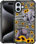 for iPhone 16 Case, Cute Little Elephant Sunflower White Line Art Pattern by FKBRCL4U