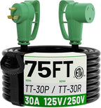 POWGRN NEMA TT-30P to NEMA TT-30R 75 FT 30 Amp RV Extension Cord Outdoor by POWGRN