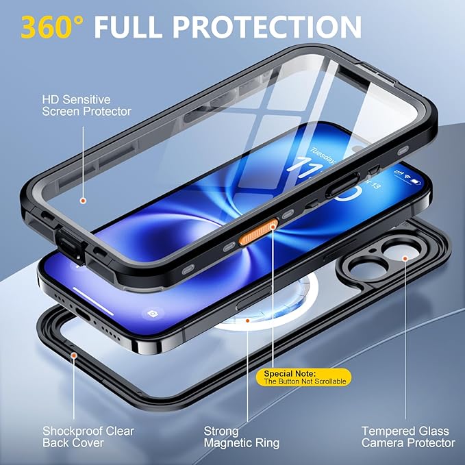 Red2Fire for iPhone 16 Case Waterproof, Phone Case 6.1" Black/Clear - Image 4