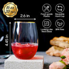 FOCUSLINE 20pcs 16 Oz Plastic Wine Glasses, Stemless Gold Rim, Heavy Duty - Image 2