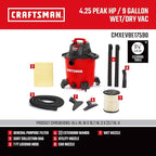 CRAFTSMAN CMXEVBE17590 9 Gallon 4.25 Peak HP Wet Dry Vac, Portable Shop Vacuum - Image 3