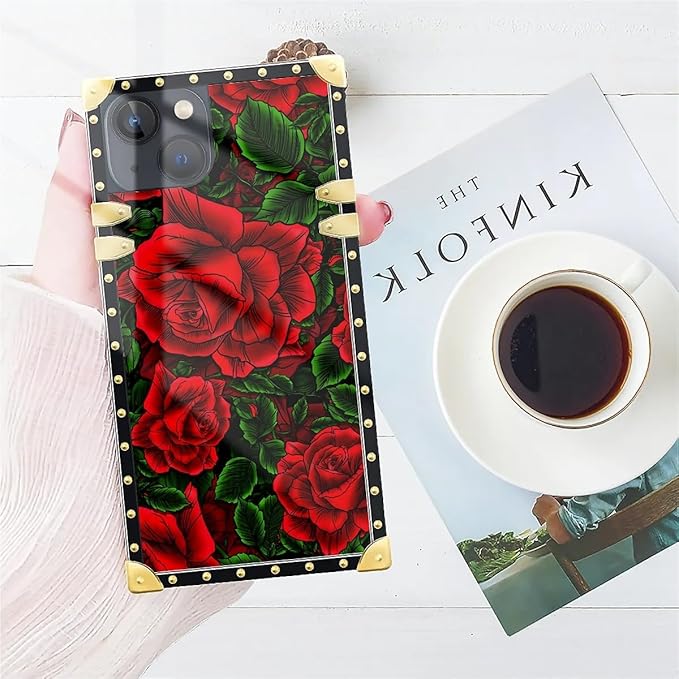 Compatible with iPhone 14 Case, Vector Red Rose Green Leaf Luxury Golden - Image 7
