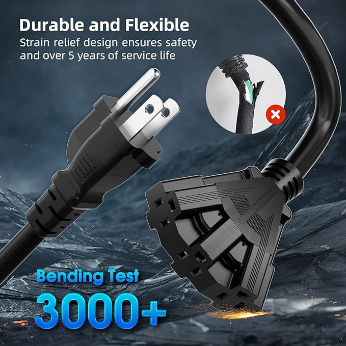 25 FT 3 Outlet Outdoor Extension Cord Waterproof, 16/3 SJTW Black Extension Cord - Image 2