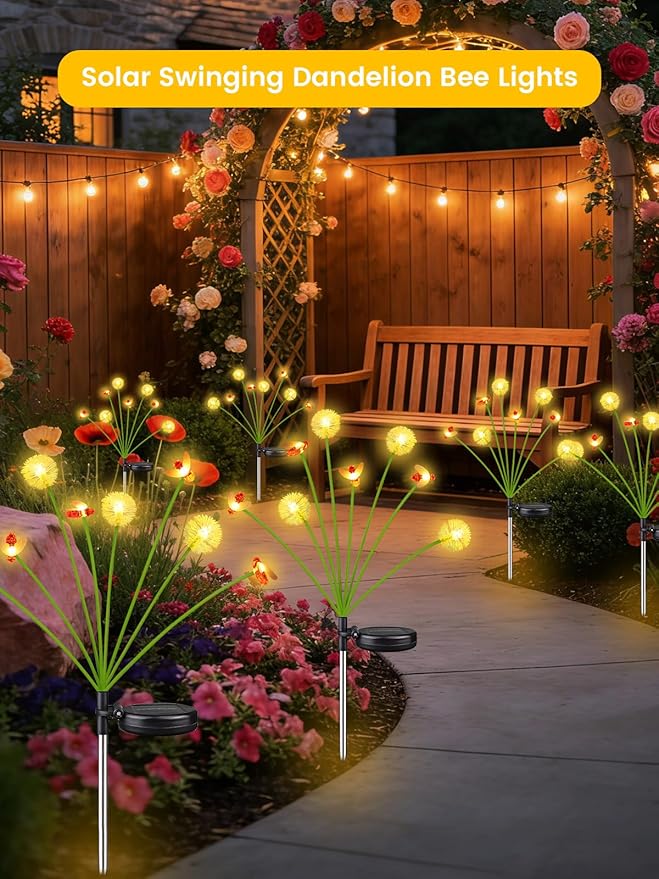 Solar Garden Lights Outdoor, Solar Swaying Dandelion Bee Lights Waterproof - Image 2