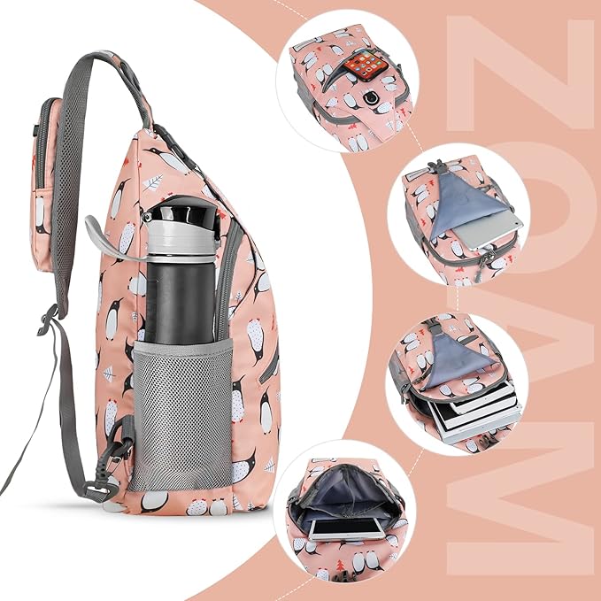 ZOMAKE Sling Bag, Penguin Pink, 5 Separate Compartments, Anti-Theft, Adjustable - Image 3