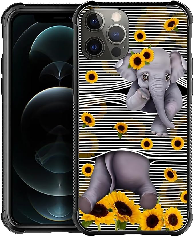 for iPhone 11 Pro Max Case, Cute Little Elephant Sunflower White Line Art by FKBRCL4U