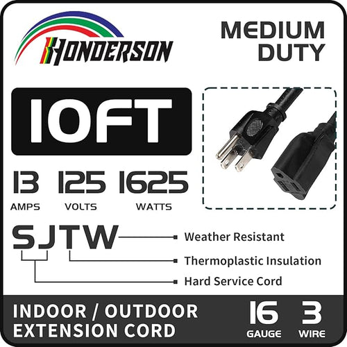 10FT Outdoor Extension Cord-16/3 SJTW Durable Black Extension Cord - Image 2