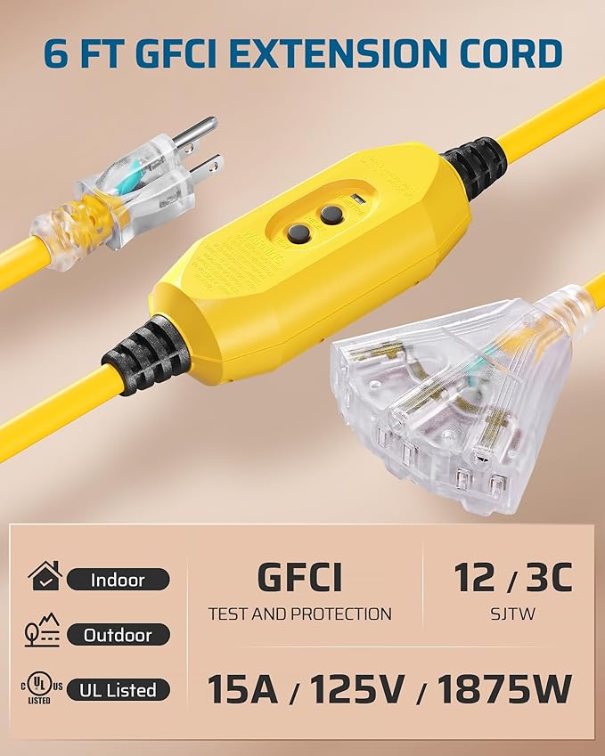 DEWENWILS 6FT Automatic GFCI Extension Cord Outdoor, Heavy Duty 12/3 SJTW Cord - Image 2