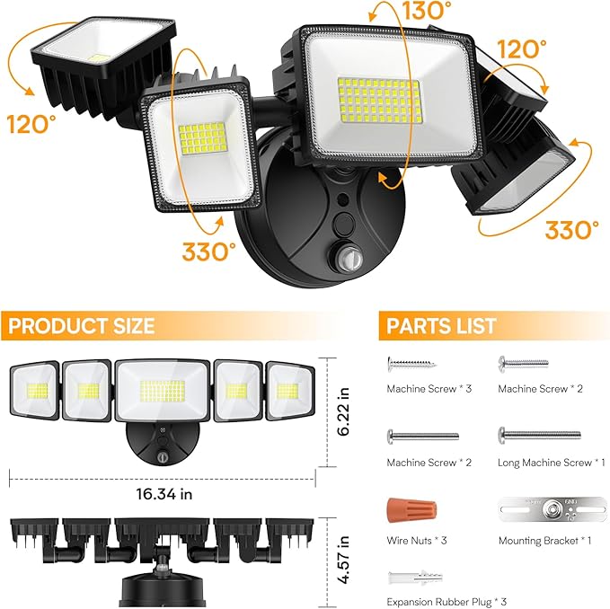 Onforu 120W 12000LM Dusk to Dawn Outdoor Lighting, 5 Heads Flood Lights Outdoor - Image 5