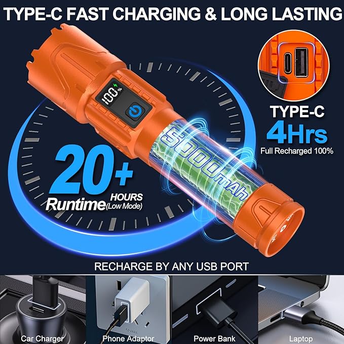 Rechargeable Tactical Flashlights 2000 High Lumens - 5000mAh Super Bright LED - Image 5