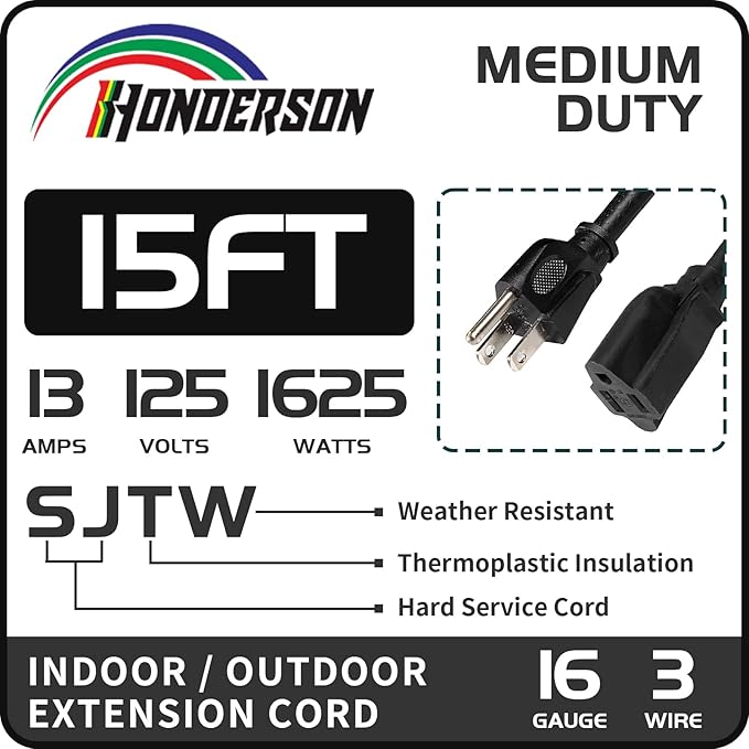 15FT Outdoor Extension Cord-16/3 SJTW Durable Black Extension Cable - Image 2