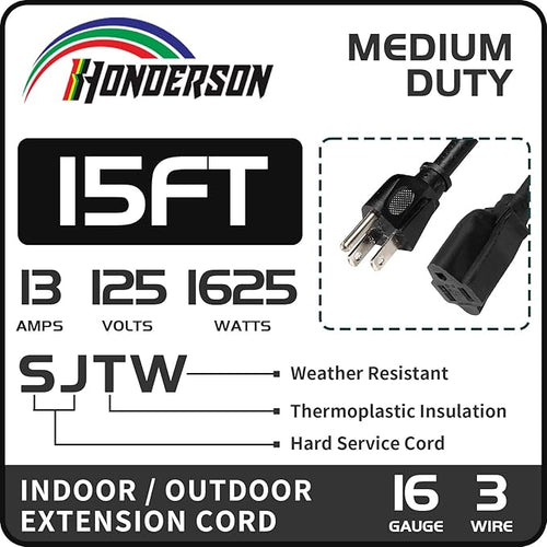 15FT Outdoor Extension Cord-16/3 SJTW Durable Black Extension Cable - Image 2