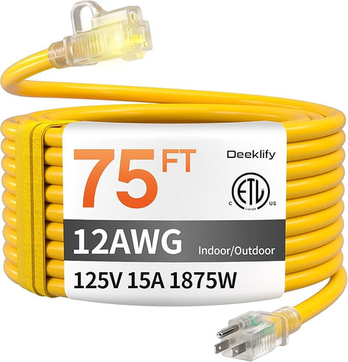 12AWG 75 FT Heavy Duty Outdoor Extension Cord Waterproof by Deeklify