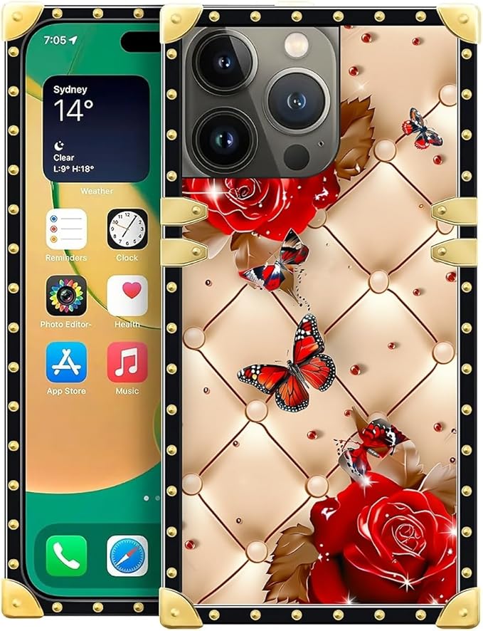 Compatible with iPhone 14 Pro Max Case, Shining Red Rose Butterfly Leather by Unknown