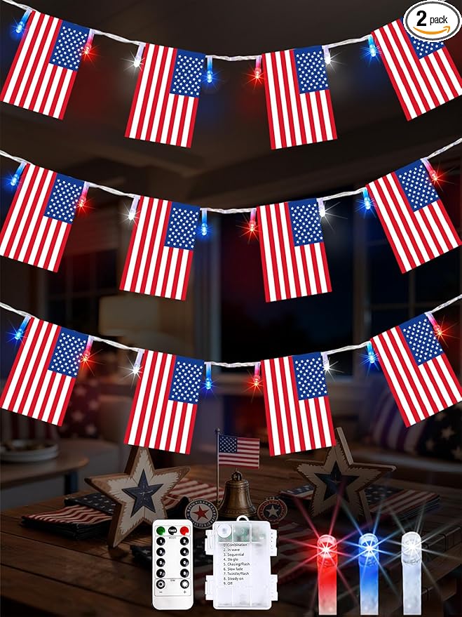 4th of July Patriotic Lights, 2PK 48FT 100LED Red White Blue String Lights by EXF