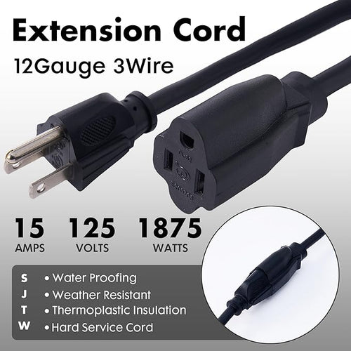 1ft Black Extension Cord Waterproof, UL Listed, 12/3 SJTW Heavy Duty 3 Prong - Image 2