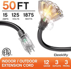 50 ft 12 Gauge Heavy Duty 3 Outlet Extension Cord Splitter - Image 2