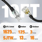 10 FT Outdoor Extension Cord Waterproof, 16/3 Gauge Heavy Duty 3 Prong Power - Image 2