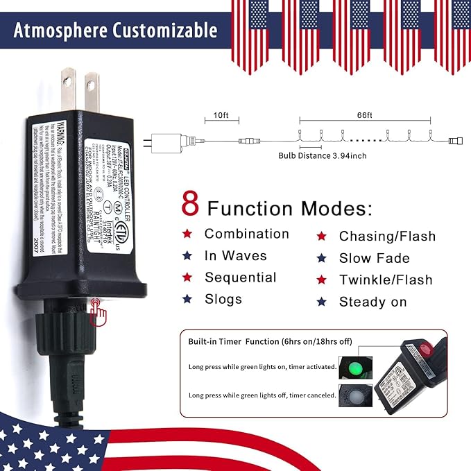 JMEXSUSS 200 LED 66ft Red White and Blue Lights Outdoor, Expandable Waterproof - Image 6