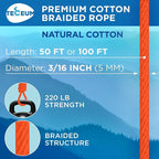 TECEUM Cotton Rope 3/16” – 100 FT – Strong All-Purpose Braided Rope – Natural - Image 2