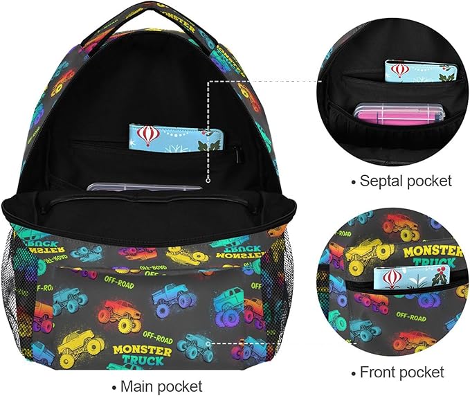 Wamika Monster Truck Kids Backpack Blue Racing Cars School Backpacks Boys Girls - Image 3