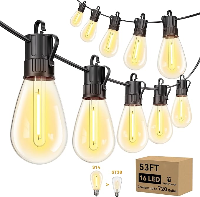 Minetom 53FT Outdoor String LED Patio Lights Waterproof, 16 Shatterproof S14 by Minetom
