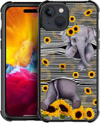 for iPhone 15 Plus Case, Cute Little Elephant Sunflower White Line Art Pattern by FKBRCL4U
