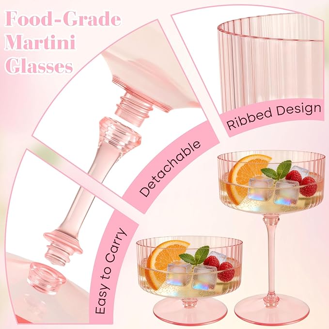 PLULON 12 Pcs Pink Champagne Martini Glasses Set 10 Oz Plastic Ribbed Coupe Cup - Image 4