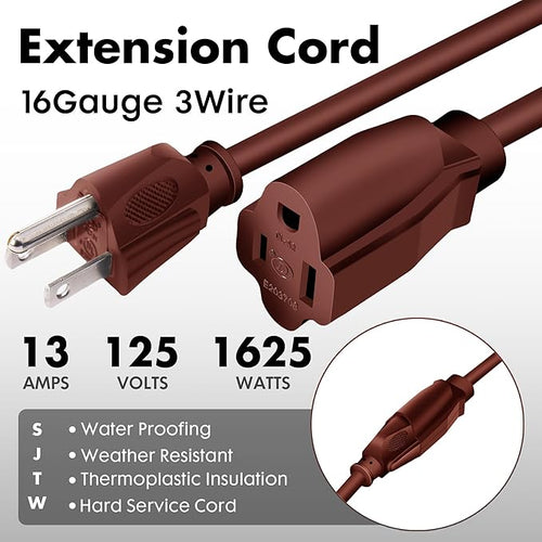 12ft Brown Outdoor Extension Cord Waterproof, UL Listed, 16/3 SJTW Heavy Duty 3 - Image 2