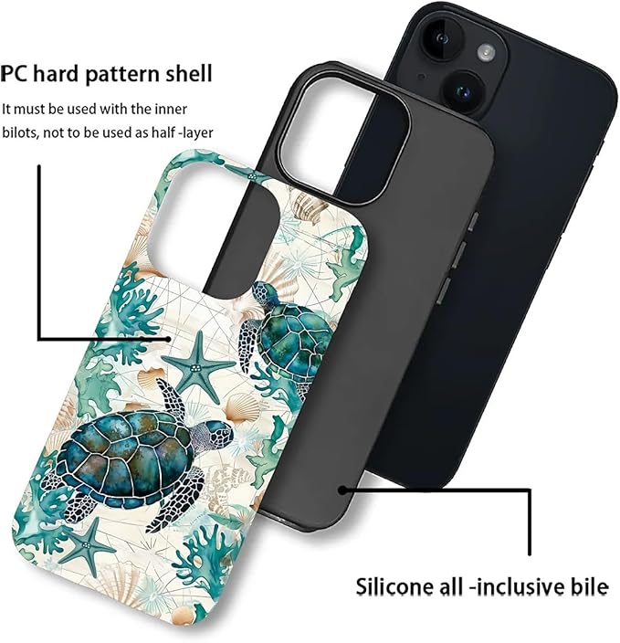 for iPhone 15 Plus Case, HH2 Ocean Sea Turtle Nautical Map Hybrid 2 Layer Hard - Image 3
