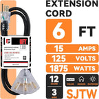 EP 6 Ft 12 Gauge Heavy Duty Extension Cord, 15A 125V 1875W, 3 Outlet - Image 2