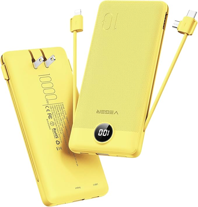 VEGER Portable Charger with Built-in AC Plug and Cables, All in One 10000mAh by VEGER