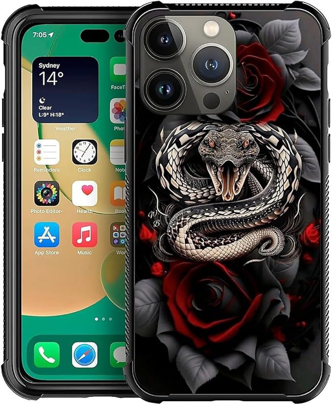 for iPhone 13 Pro Max Case, Entwined Rose Snake Pattern Graphic Design Girl Boy by FKBRCL4U