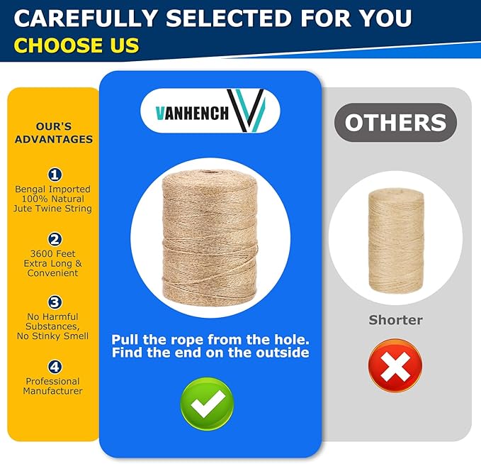 Vanhench 3600Feet Natural Jute Twine String, Bulk Hemp Jute Rope Cord Twine - Image 2