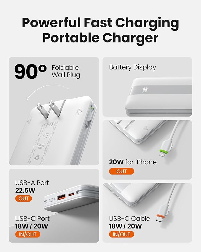 Fast Charging Power Bank, USB C Portable Charger Built-in Cables and Wall Plug - Image 2